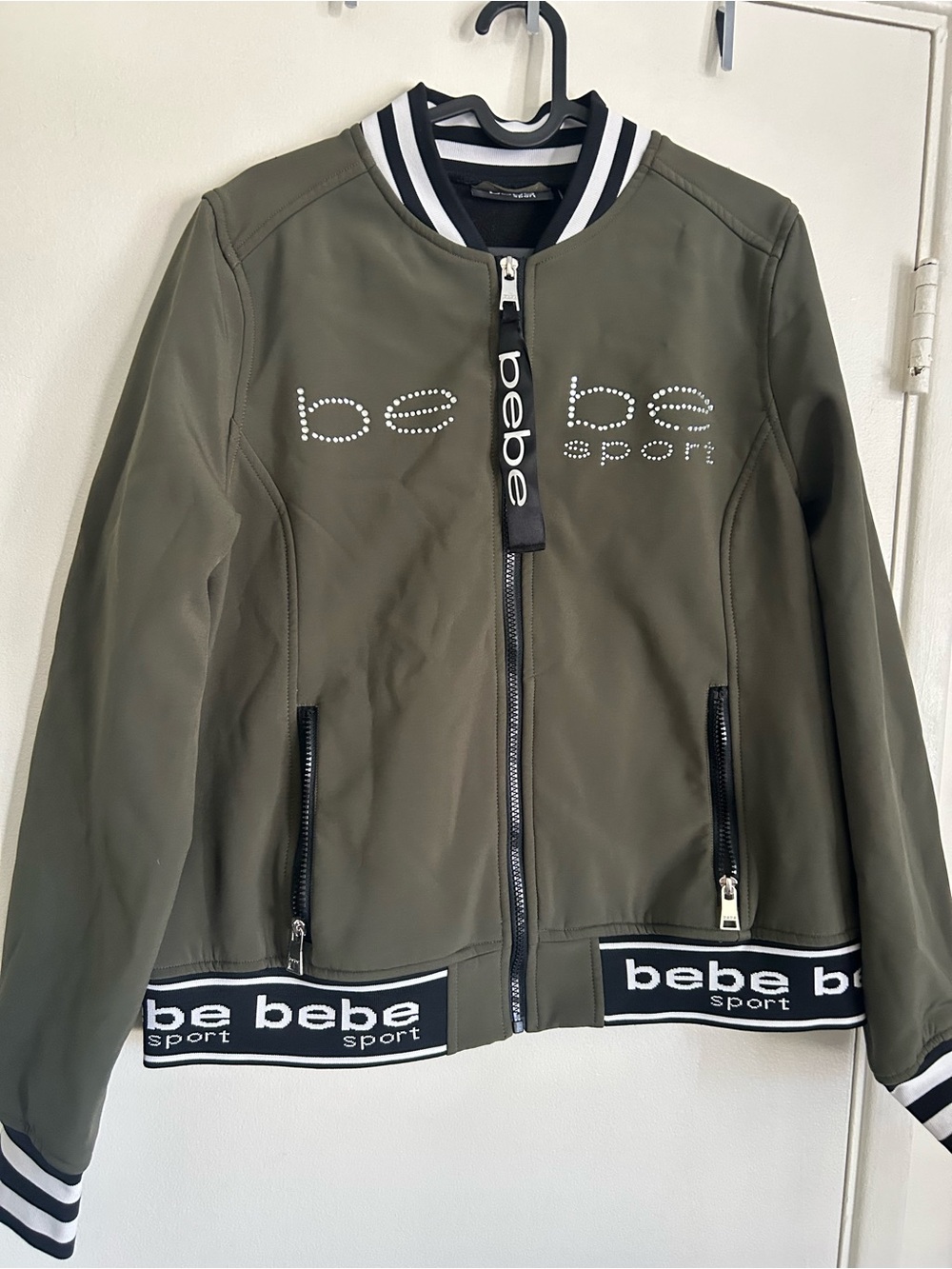 Y2K Bebe Olive Green Rhinestone Bomber Jacket